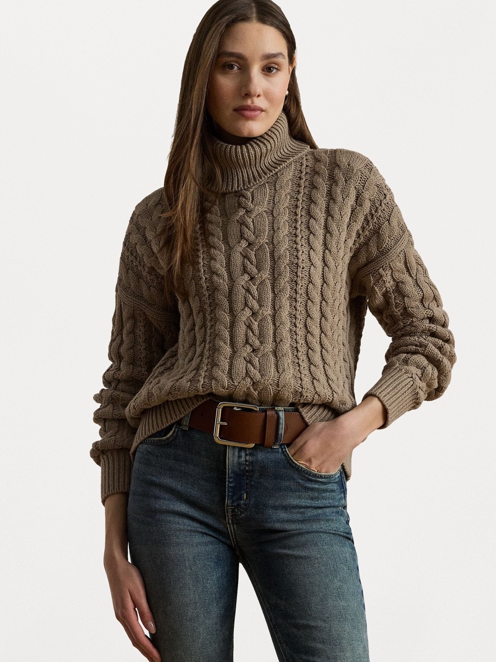 NWT Ralph Lauren Women’s Taupe Cable-Knit Turtleneck Sweater XS Extra Small